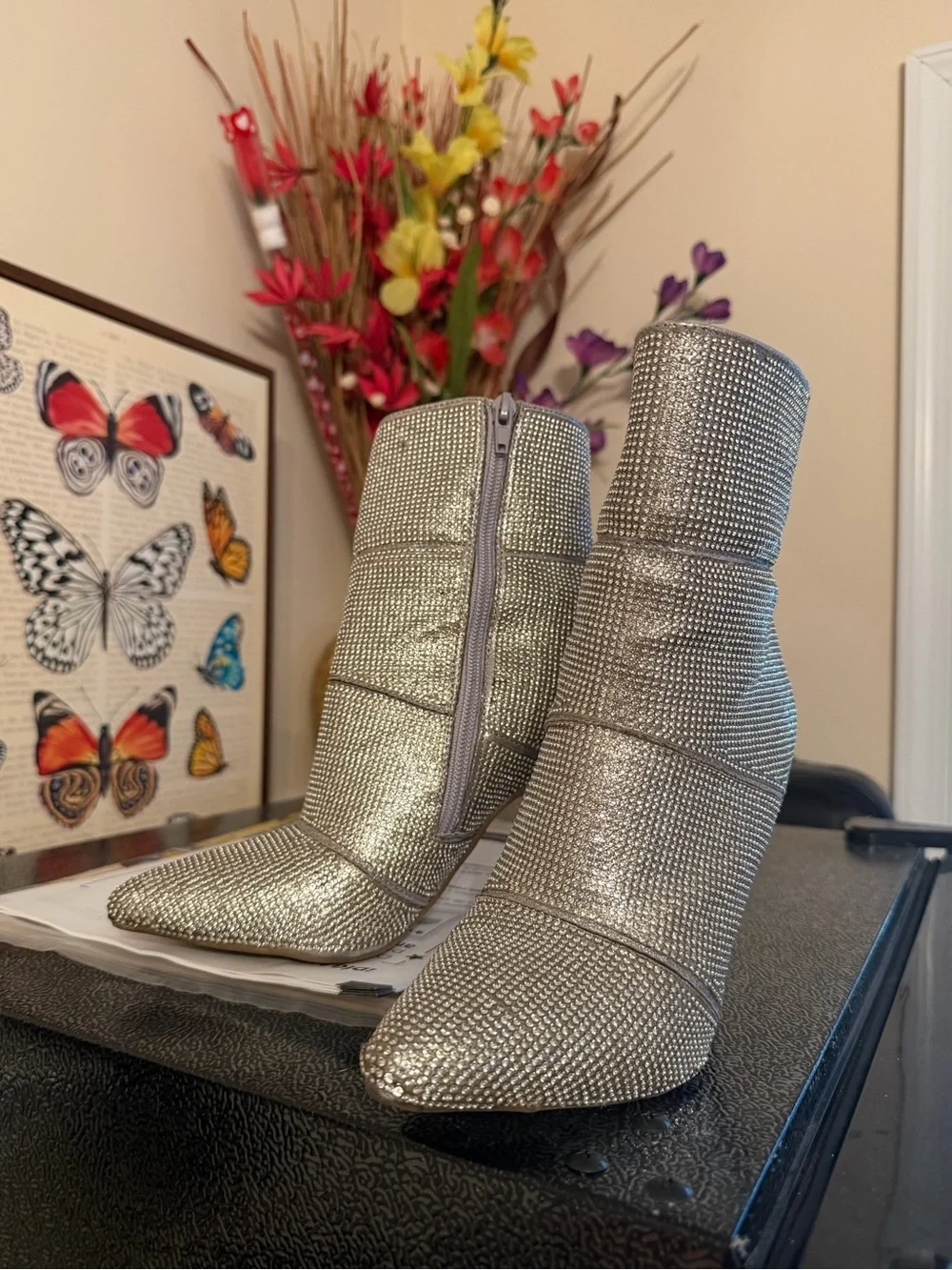 Silver Crystal Pointed Toe Stiletto Ankle Boots - Women's